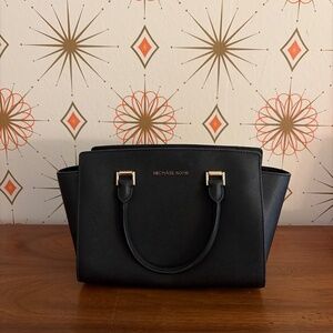 Michael Kors Selma Medium Black Leather Satchel Shoulder Bag